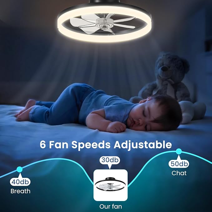 CHAREADA Ceiling Fan with Light, 20" Modern Low Profile Foldable Ceiling Fans with 6 Wind Speeds, Dimmable Smart Ceiling Fan Light with Remote for Bedroom, Kids Room and Living Room(Black)