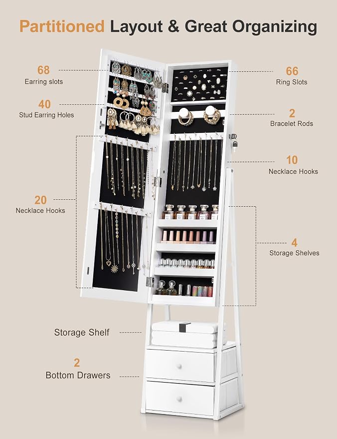 Nicetree Jewelry Cabinet Armoire with 2 Drawers, Lockable Standing Mirror Jewelry Cabinet, Full Length Mirror with Jewelry Storage, Gift Idea, Pure White
