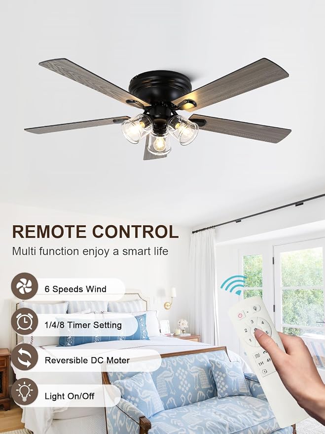 52 Inch Flush Mount Farmhouse Ceiling Fan with Lights and Remote | Rustic Fandelier Ceiling Fan, Low Profile Chandelier, 5 Dual Blade, for Bedroom Living Room, Reversible DC Motor 6 Speeds