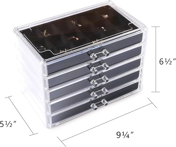 Frebeauty Acrylic Jewelry Organizer Earring Organizer Box with 5 Drawers Earring Holder Organizer with Velvet Trays Clear Jewelry Box for Women Earring Display for Rings Studs(Black) | 61 Jewelry Storage Grid for Rings Studs Bracelet,Velvet Lining,Tran...