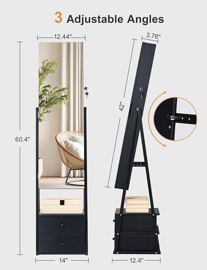 Nicetree Mirror Jewelry Cabinet Standing, Lockable Jewelry Cabinet Armoire with 2 Drawers, Full Length Mirror with Jewelry Storage, Gift Idea, Black