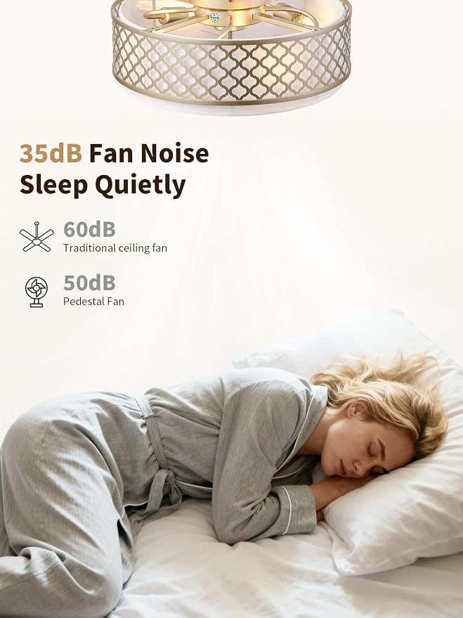 20" Gold Flush Mount Ceiling Fan with Light, Boho Ceiling Fans with Lights, Enclosed with Remote Control 6 Speeds for Living Room, Bedroom, Nursery