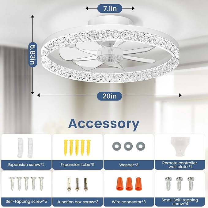 CHAREADA Ceiling Fan with Light, 20" Modern Low Profile Foldable Ceiling Fans with 6 Wind Speeds (Crystal White)