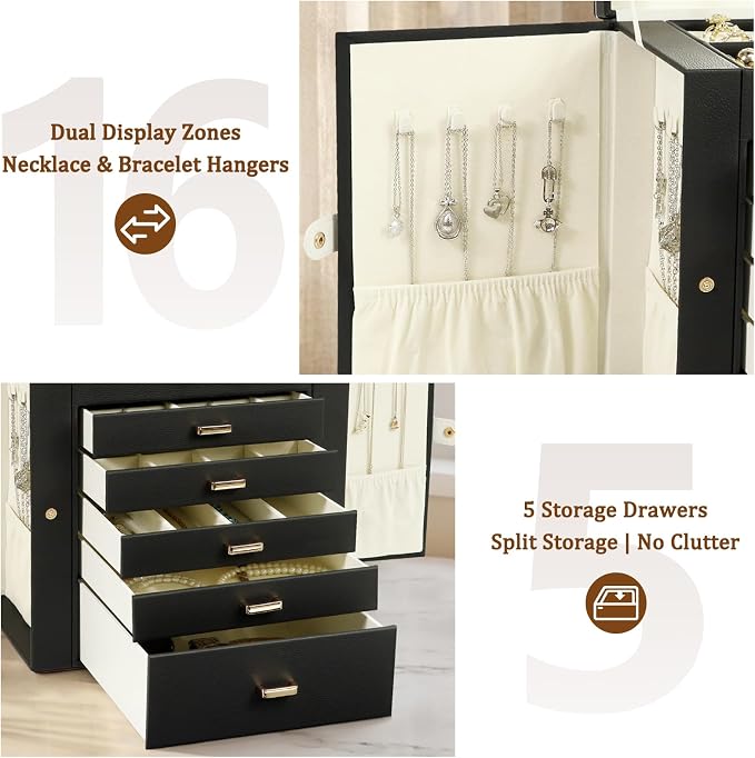 KAMIER Jewelry Box for Women, 6-Layer Large Jewelry Organizer Box with Mirror & 5 Drawers for Rings, Earrings, Necklaces, Bracelets,Black