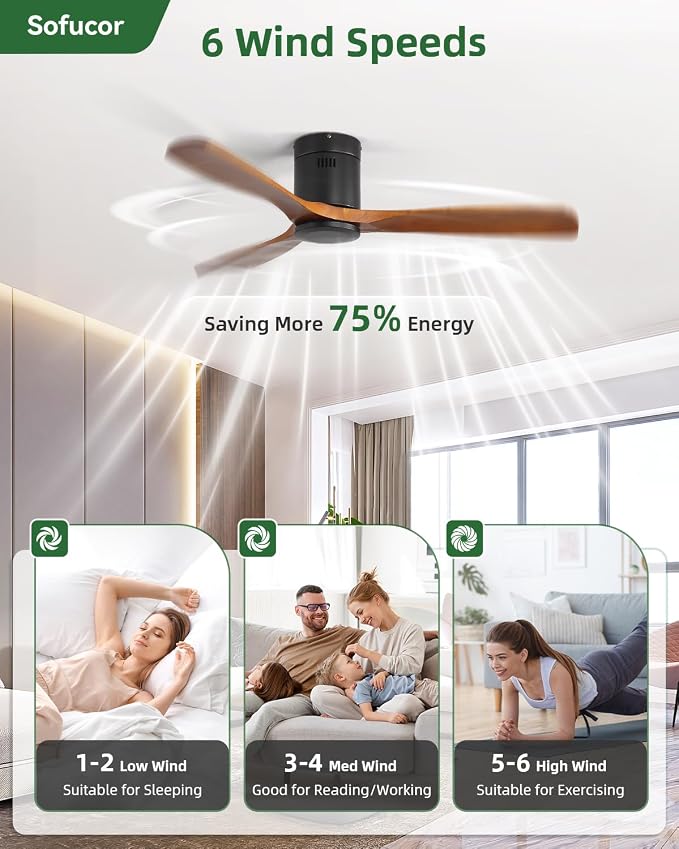 Sofucor 52 Inch Solid Wood Ceiling Fan Without Lights Flush Mount Ceiling Fan with Remote Control-Wood Blades Modern Outdoor Ceiling Fans No Light for Bedroom/Farmhouse/Patio/Indoor, Brown Black