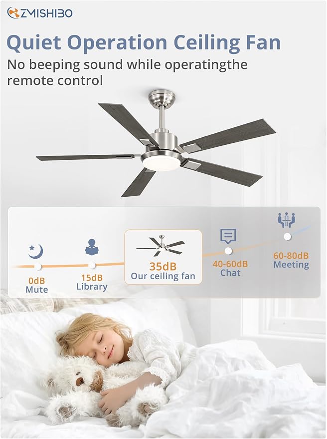 ZMISHIBO 52 inch Brushed Nickel Ceiling Fans with Lights and Remote, Indoor/Outdoor Modern Ceiling Fan for Bedroom Living Room Patio, 6 Speed Reversible Quiet DC Motor, 3 CCT, Dual Finish Blades