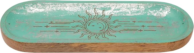 Handcrafted Wooden Incense Holder Inlay with Boat Shape Design Agarbatti Dhoop Stand Spiritual Sun and Moon Design Indian Traditional Festival Home Décor Meditation Pooja Use (Sky Blue)(Size:-11"X4")