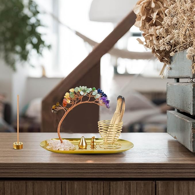 5 in 1 Incense Burner, 7 Chakra Crystal Tree Incense Holder Palo Santo Holder Sage Burner for Incense Sticks Brass Ash Catcher for Yoga Meditation Home Decor