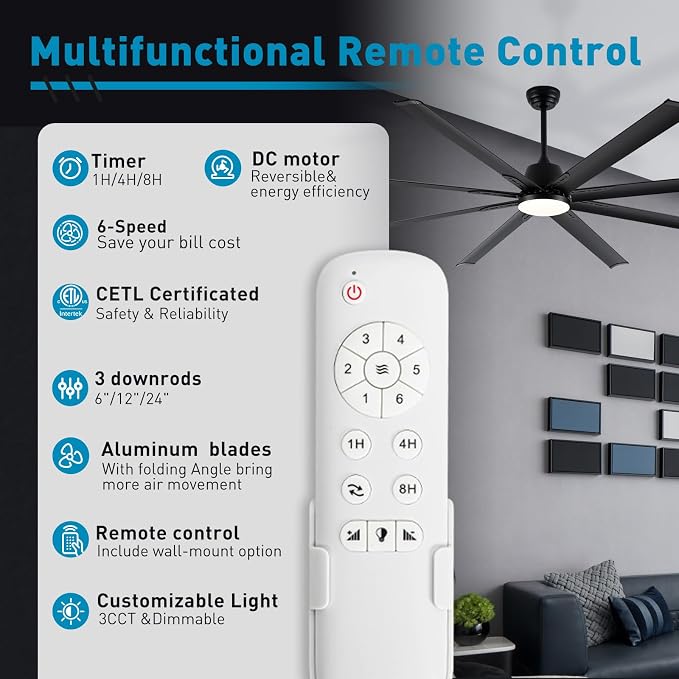Minislak 84 lnch lndustrial Celing Fan with Light and Remote Control,Large Celing Fan with 8 Black Aluminum Blades,6 Speed Noiseless DC Motor,Wet Rated Indoor Outdoor Ceiling Fans for Patio,Exterior