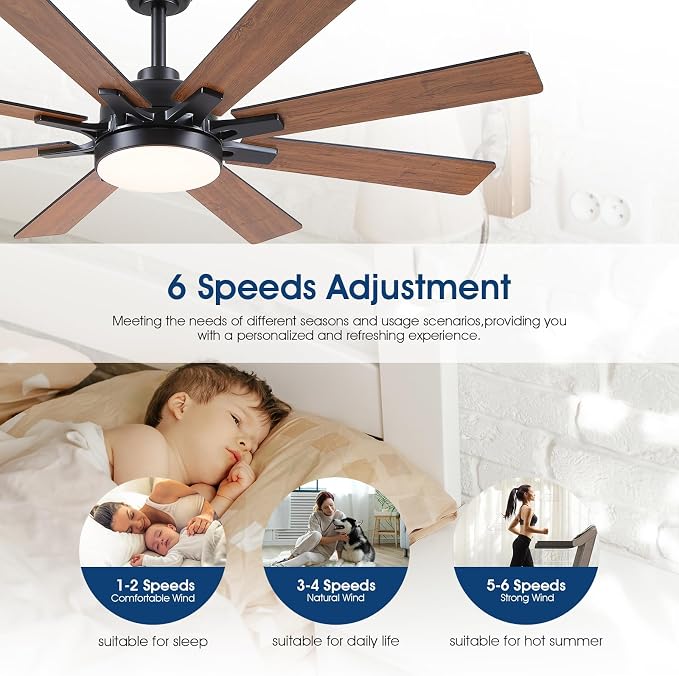 Kviflon 52 Inch Ceiling Fans with Lights, Modern Brown Ceiling fan with light for Bedroom Living Room Indoor Outdoor, Remote/APP Control, Reversible Quiet DC Motor, Dimmable LED, 8 Wooden Blades