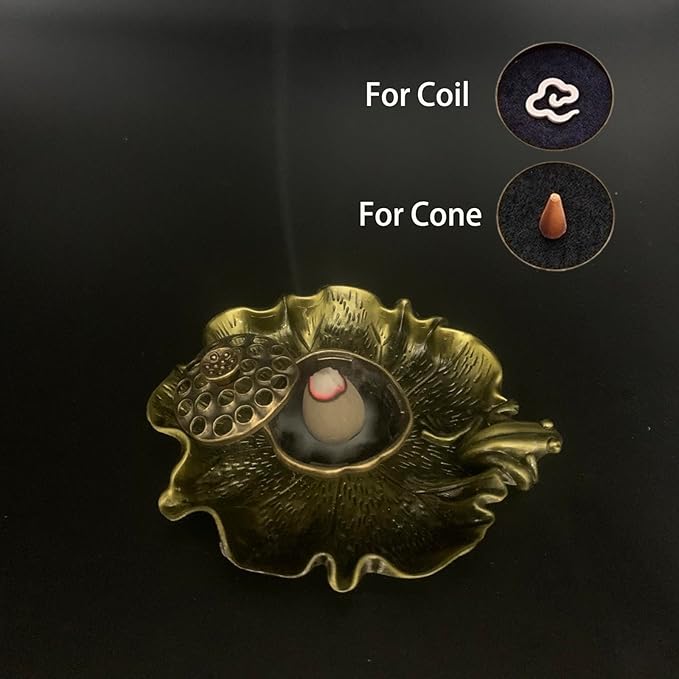 Vintage Bronze Color Mini Lotus & Frog Incense Burner, Cones and Small Coils Holder, Crystal Healing Chakras Energy Meditation Incense Set Aesthetic Home Decor Aromatherapy Ornament