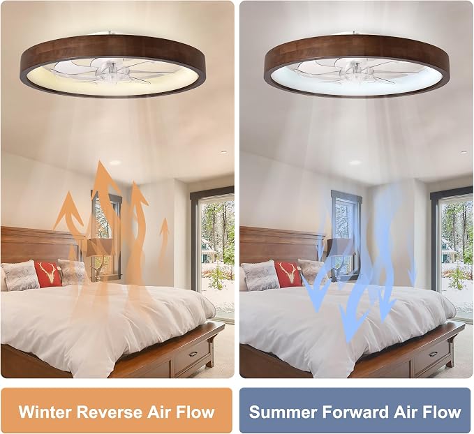 24” Low Profile Ceiling Fan with Light and Remote & APP Control | Dimmable LED,6 Speed,Reversible DC Motor,Solid Wood Frame Flush Mount Ceiling Fan with Light for Bedroom/Kidsroom/Dinng Room