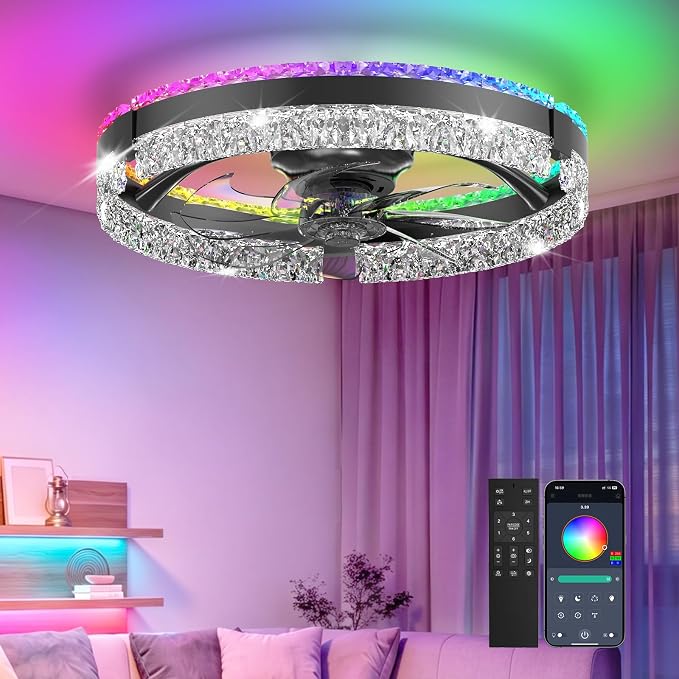 RGB Low Profile Ceiling Fan with Lights, Ceiling Fans with Lights and Remote, 3000-6500K Dimmable Modern Flush Mount LED Fan Lights, 6 Wind Speeds Ceiling Fans for Bedroom(Black-Cream)