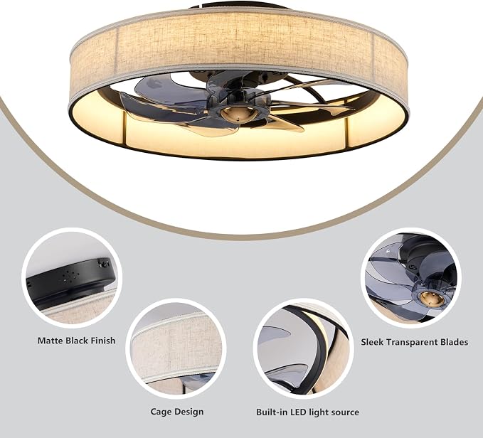 19.6" Flush Mount Caged Ceiling Fan with Light and Remote,Boho Farmhouse Bladeless Fabric Design, Dimmable LED 3 Colors,6 Speeds, Low Profile fandaliers Ceiling Fan for Bedroom Living Room