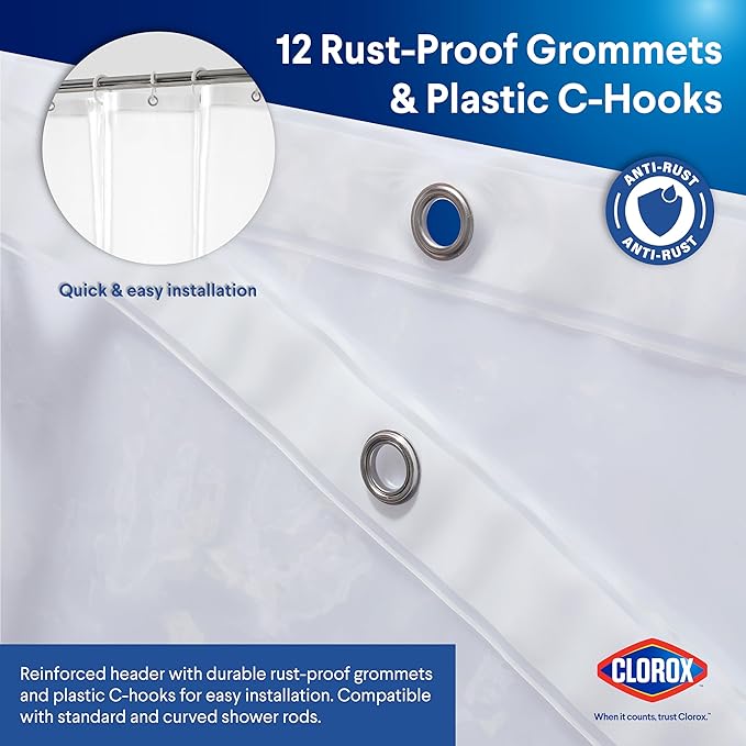 Clorox Shower Curtain Liner & Hooks, Premium Lightweight Flexible Waterproof 4g PEVA for Bathroom with Weighted Magnets, Standard Size 70" x 72", Clear 1 Pack