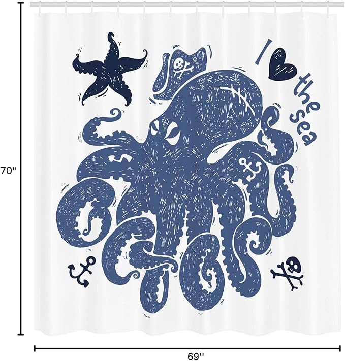Ambesonne Octopus Shower Curtain, Nautical Theme Image of a Pirate Octopus with Anchors and Starfish Retro, Cloth Fabric Bathroom Decor Set with Hooks, 69" W x 70" L, White Blue