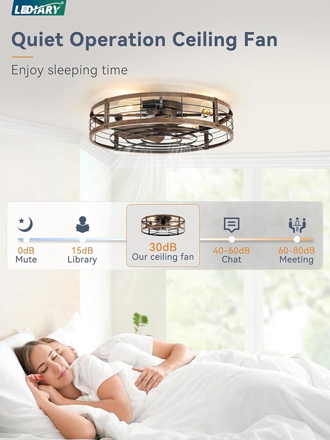 LEDIARY 26" Caged Ceiling Fan with Light and Remote, Low Profile Flush Mount Fandelier, Black Gold Bladeless Enclosed Small Fan Lights Ceiling Fixtures, Rustic Farmhouse Style for Bedroom, Outdoor