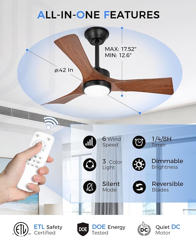 42" Ceiling Fan with Light, Damp Rated for Covered Outdoor Patio, ABS Blades, Quiet DC Motor, 3CCT Dimmable LED, Remote Control, Modern Indoor Outdoor Fan, ZCCF08WD-42