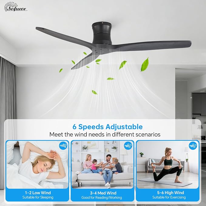 Sofucor 52" Smart Ceiling Fan No Light, Solid Wood Low Profile Ceiling Fan with Remote, Flush Mount Ceiling Fan Works with Alexa/Google/App 6-Speed Timing Reversible DC Motor for Living Room Bedroom