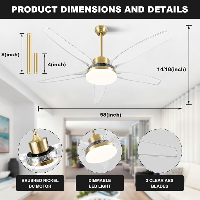 OKELI Clear Ceiling Fan with Light, 58 Inch Gold Transparent Ceiling Fans with Light and Remote 3 Reversible Blade LED Ceiling Fan and Light Combo for Living Room, Bedroom, Patio
