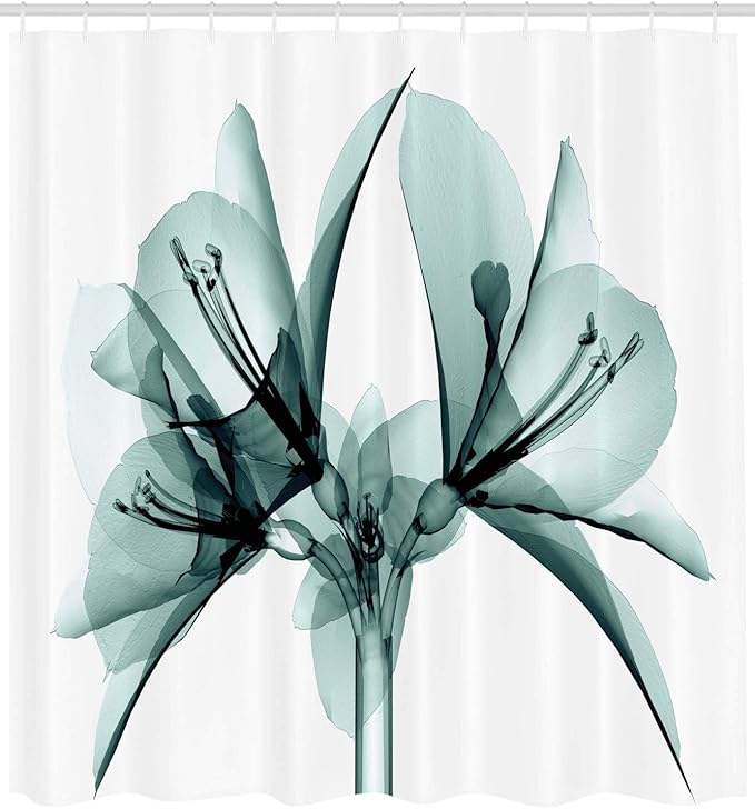 Ambesonne Flower Shower Curtain, Illustration of a Blooming Flower X-ray Vision of Nature Solarized Pattern, Cloth Fabric Bathroom Decor Set with Hooks, 69" W x 84" L, Ivory Teal