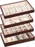 LANDICI Stackable Jewelry Organizer Trays 4 Set,PU Leather Jewelry Organizer Drawer,Jewelry Storage Display Tray for Earring Necklace Rings Bracelet with Removable Dividers,Coffee