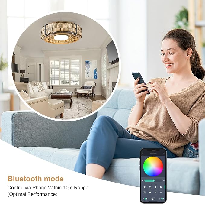 Ganeed 20" Bamboo LED Dimmable Ceiling Fan with Light and Remote Control, Boho Rattan Caged Ceiling Fans with Lights 6 Speed/Timer/RGB Flush Mount Fandelier for Kitchen Living Room Indoor Bedroom