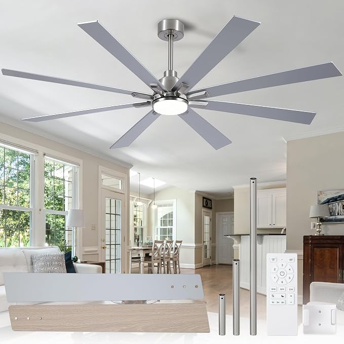 72 Inch Ceiling Fans with Lights and Remote, Pure Copper DC Motor Brushed Nickel Large Indoor/Outdoor Modern Industrial Ceiling Fan, Quiet, 6 Speed, 3CCT, for Patios Living Room Farmhouse Garage