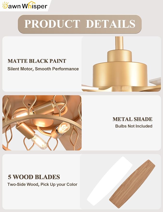Dawn Whisper 52 Inch Modern Farmhouse Ceiling Fans with Lights White and Gold Rustic Caged Ceiling Fan for Bedroom Living Room Quiet and Reversible DC Motor