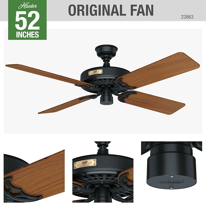 Hunter 52 inch Outdoor or Indoor Ceiling Fan No Light - Black Ceiling Fan without Light, For Patio, Porch, Garage, Living Room, Standard Mount, 5 Teak Blades, Pull Chain - Original 23863, Matte Black