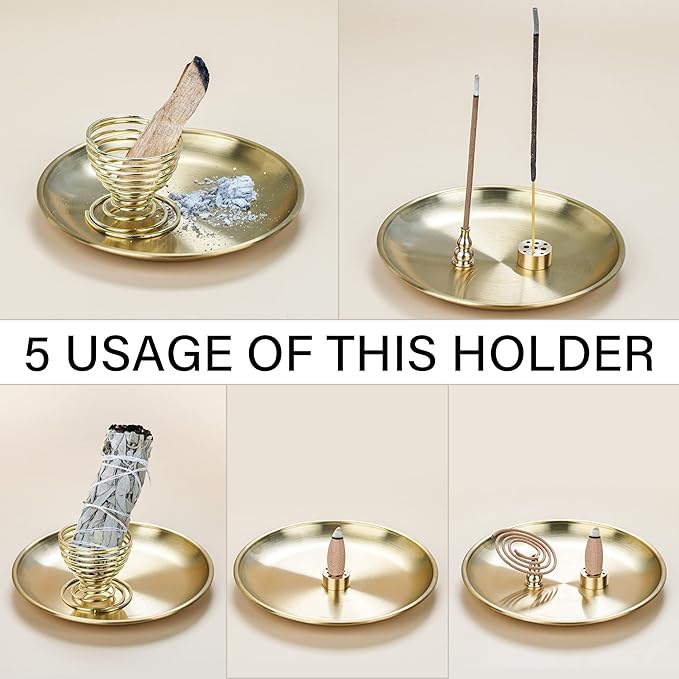 ZenBless 5 in 1 Incense Burner, Palo Santo Holder, Sage Holder, Incense Holder for Incense Sticks/Coil Incense/Incense Cones, 5.5 inches Brass Ash Catcher for Meditation Yoga Room