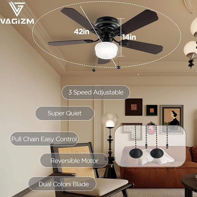 42 Inch Ceiling Fan Traditional: Flush Mount Indoor LED Ceiling Fans with Light - Pull Chain - Dual Finish Blades - Reversible Motor（Matte Black）