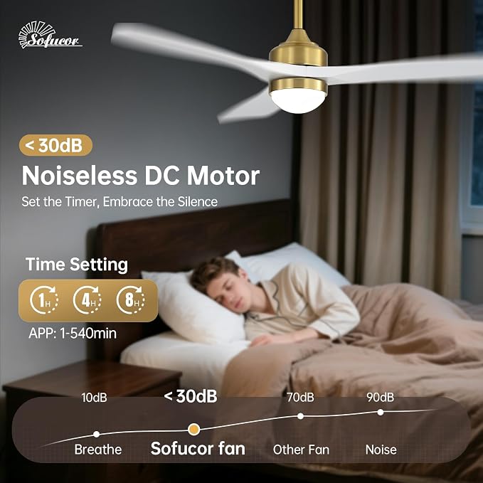 Sofucor 52" Smart Wood Ceiling Fans Lights, Flush Mount & Downrod Mount, 3 Wood Blades Modern Outdoor Ceiling Fans with Alexa/Google Assistant/APP/Remote Control for Bedroom, Farmhouse, Patio, Indoor