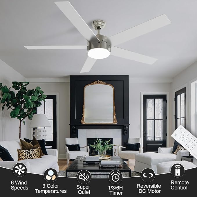 POCHFAN 60 Inch Brushed Nickel Ceiling Fans with Lights and Remote Control, Quiet Modern Ceiling Fan for Bedroom, Living Room,Dining Room,Dimmable 3-Color Temperatures 6-Speed