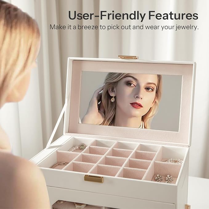 HOOBRO Jewelry Box with Mirror, Travel Jewelry Organizer with Glass Window, Jewelry Storage Case, Vertical Storage, Gift for Loved Ones, for Earrings, Rings, Necklaces, Bracelets, White WT03JB04G2