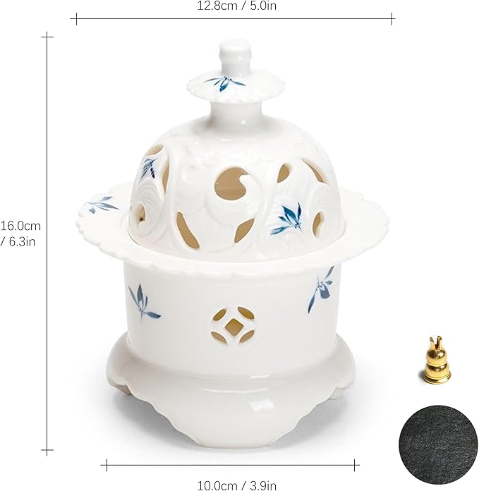 Handcrafted Ceramic Incense Burner (Hand-Painted Orchid), Three-Legged Incense Holder for Coil, Stick or Incense Seal, Elegant Chinese Incense Holder for Home Fragrance Decor
