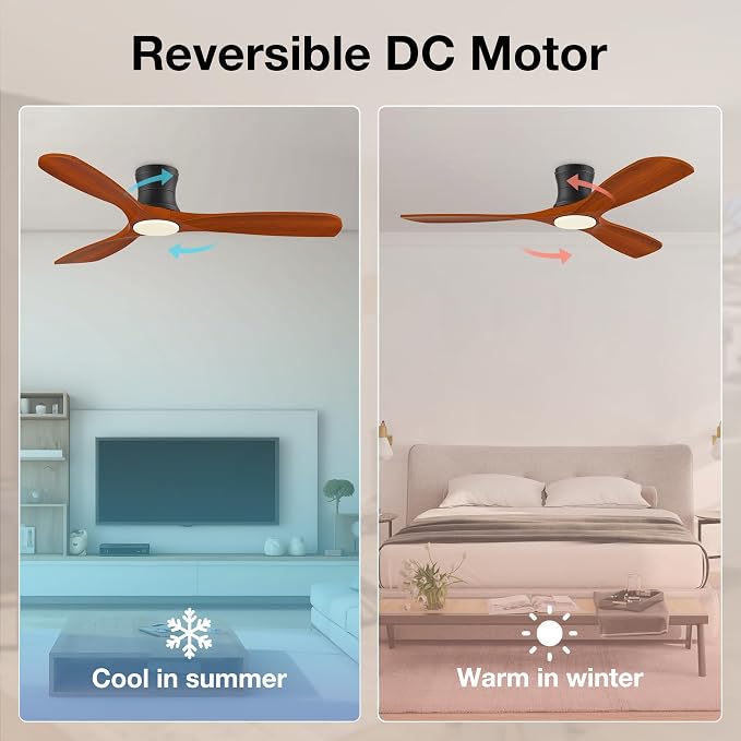 Hoenofly 52” Smart Wood Flush Mount Ceiling Fans with Lights Remote,Quiet DC Motor,Outdoor Indoor Low Profile Ceiling Fan,Voice Contorl with WIFI Alexa App Control,Modern fan for Bedroom Patio
