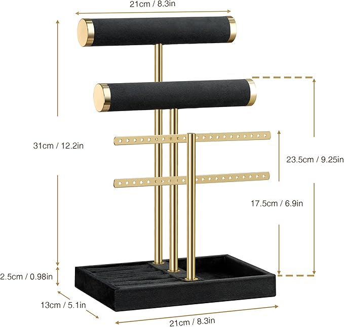 Jewelry Organizer Stand for Necklaces, Bracelets, Earrings, Rings, Black | 3 Tier Velvet Bracelet Holder Display | Jewelry Organizers and Storage | Jewelry Tree | Jewelry Towers