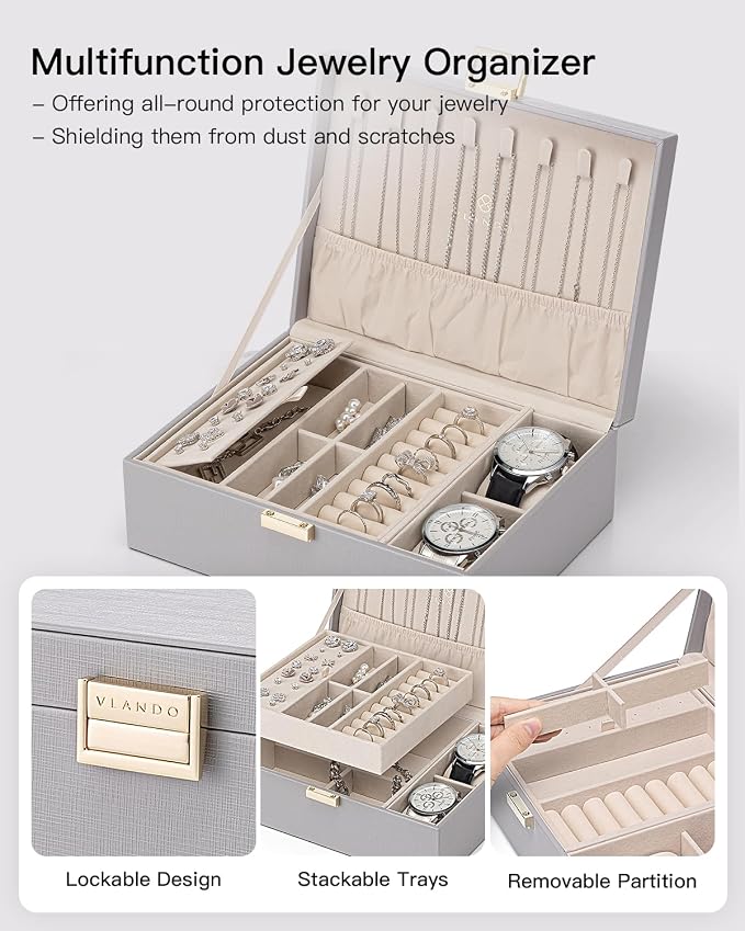 VLANDO 2 Layer Jewelry Box Large Jewelry Organizer for Women Removable Jewelery Tray with Watch Pillow for Necklace Earrings Rings Bracelets Gifts for Couples Mom Friends, Bridesmaid (Grey)