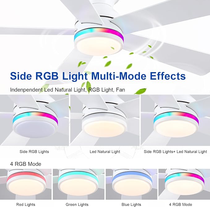 White RGB Ceiling Fans with Lights - 46" Flush Mount Ceiling Fan with Remote APP, RGB+3CCT Dimmable Led Light, Reversible 6 Wind Speeds&2H Timer, Low Profile Modern Fan Light Fixture for Bedroom Party