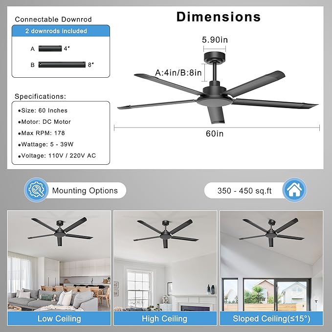 Ohniyou 60'' Ceiling Fan No Light, Black Industrial Ceiling Fan with Remote/APP, Aluminum Blades, 6800 CFM DC Motor for Outdoor Patios,Shop, Garage