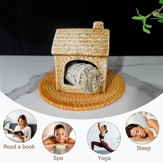 Mougigi Ceramic Brown House Palo Santo Burner Holder | Mini Chiminea Design for Sage & Incense Cones | Stable Base Smudge Bowl Dish | Perfect for Zen Altar, Meditation, Yoga Spaces, Home Decor & Gifts