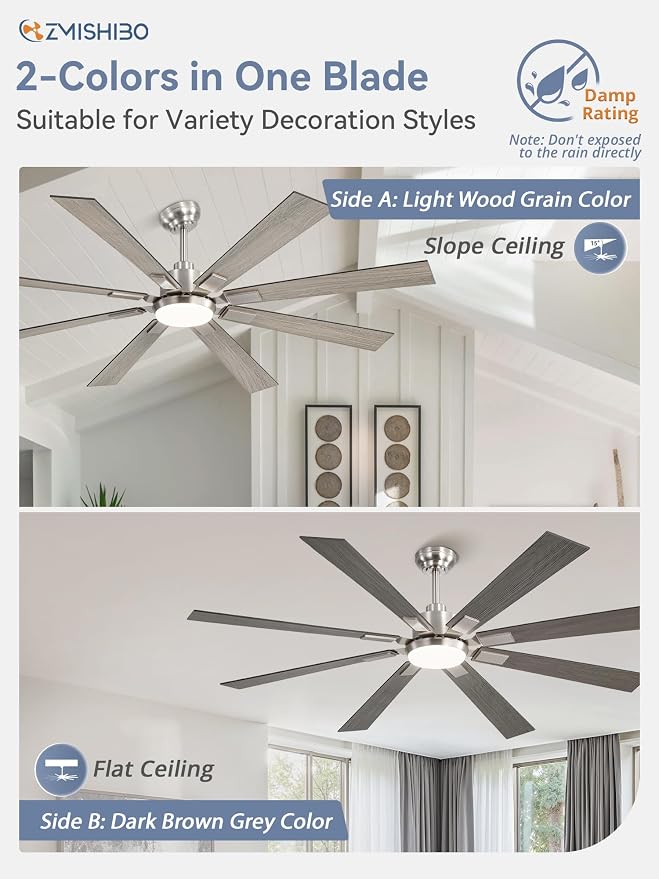 ZMISHIBO 65 Inch Ceiling Fans with Lights and Remote, Brushed Nickel Large Ceiling Fan with 3000-6000K Dimmable, Quiet Reversible DC Motor, 6 Speeds, Indoor/Outdoor Ceiling Fan for Patios Living Room