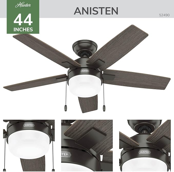 Hunter 44" Anisten Indoor Ceiling Fan, LED Light, Pull Chain, Noble Bronze | WhisperWind whisper-quiet motor, DuraLight lens, and 3" downrod support bedrooms, offices, and small rooms year-round.