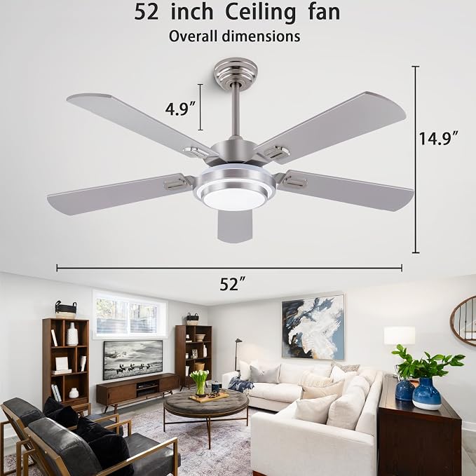 QUTWOB 52" Brushed Nickel Ceiling Fans,Farmhouse 5 Blades Ceiling Fans with Lights, Indoor/Outdoor Ceiling Fan with Remote Control for Patio, Bedroom,Living Room,Dining Room,etc. (Sliver)