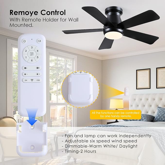 Hounberi 40 Inch Modern Low Profile Ceiling Fan with Light and Remote Control, Quiet 3CCT Dimmable LED Flush Mount Fan for Bedroom Living Room, 5 ABS Blades Reversible Motor, Black