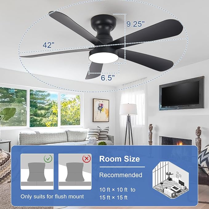Depuley Black Ceiling Fan with Lights: 42-Inch Flush Mount Fan with Light and Remote - Low Profile Ceiling Fans Reversible Quiet DC Motor for Bedroom Living Room Indoor Outdoor