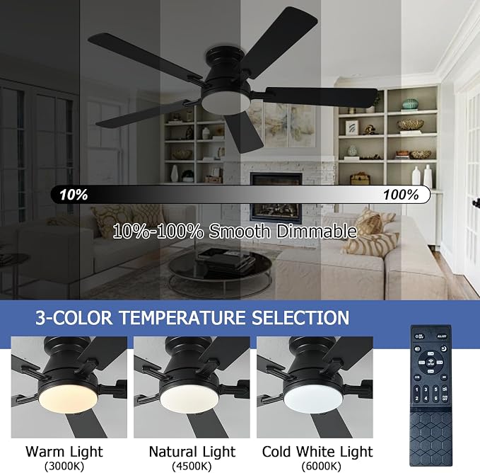 Ayaoty 54 inch Ceiling Fans with Lights and Remote, Low Profile Ceiling Fan with Light, Flush Mount, Reversible, 3CCT, Dimmable, Noiseless, White Ceiling Fan for Bedroom, Indoor/Outdoor Use