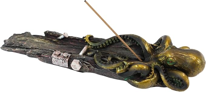 Ebros Nautical Ocean Marine Octopus On Castaway Shipwreck Wooden Deck Incense Stick Burner Holder Resin Statue Sea Kraken Giant Octopuses Themed Decorative Figurine