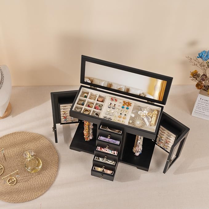 Miratino Jewelry Box for Women Girls, Wooden Jewelry Organizer Box with Mirror, 5 Layer Jewelry Storage Case Display for Necklaces Earrings Rings Bracelets Valentine's Day Gifts